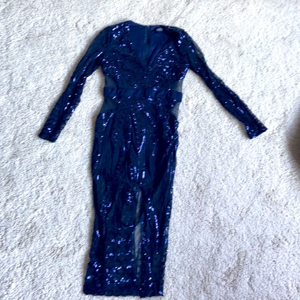 Blue Sequined Akira Dress with Sexy leg Slit